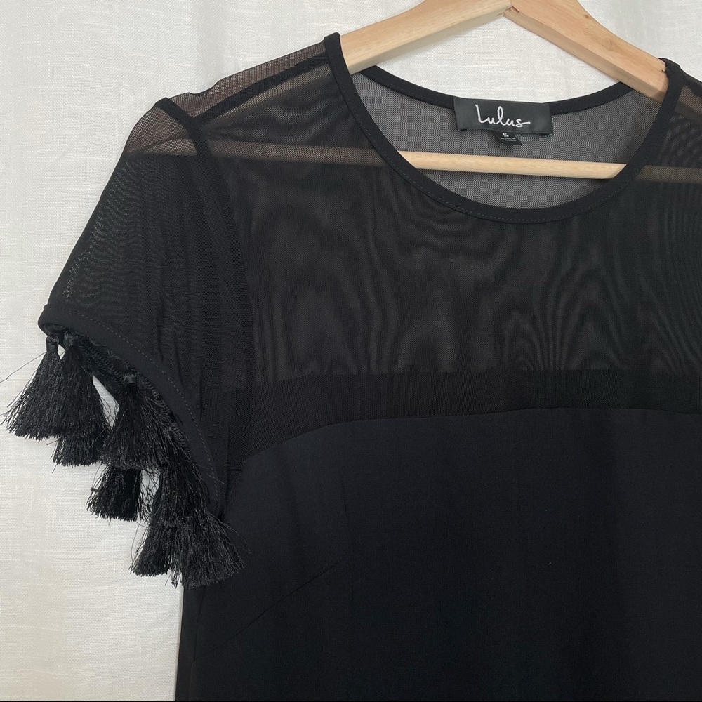 Lulus Iced Latte Black Tassel Mini Dress Sheer Short Shift - Picture 10 of 12